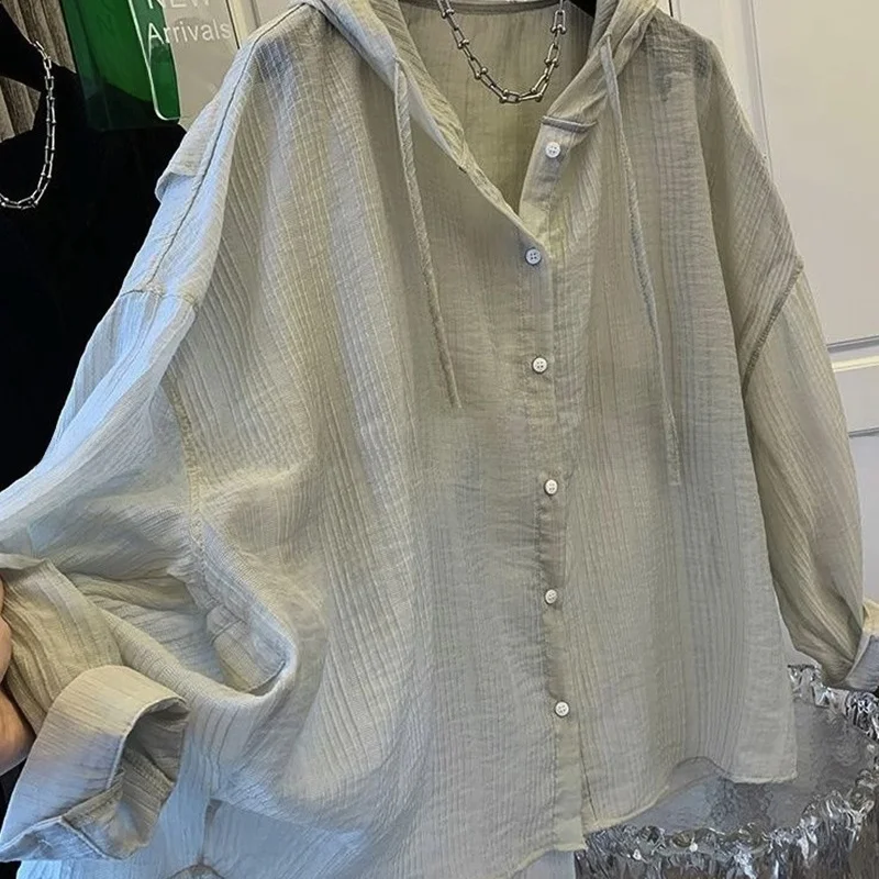 

plus Size 2300 Pou Simple Color Hooded Sun Protection irt Women's Loose Design Outerwear Top Casual Sle Long Sve