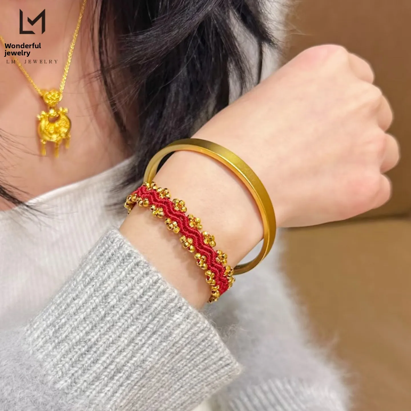 Vintage Chinese Style Lucky Red String Bracelet Gold Plated Disco Beads Wavy Braided Good Fortune Blessing Luck Transfer Bracele