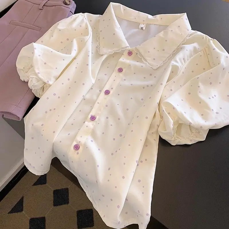 

Polka Dot Peter Pan Collar Lace Patchwork Shirt Women French Sweet Short Sleeve Single Breasted Blouse Casual Chic Tops