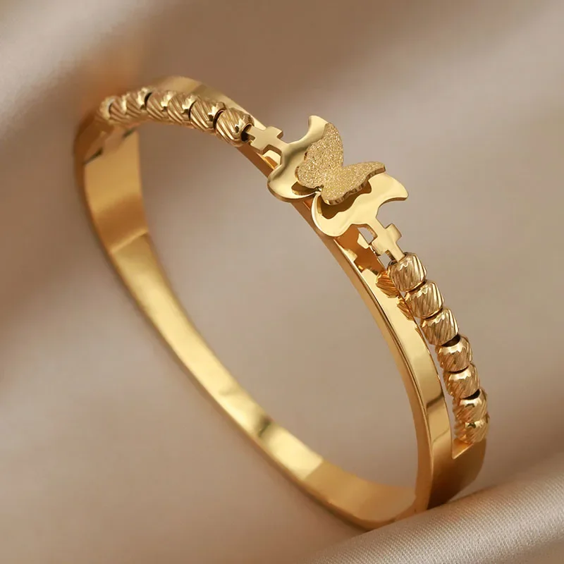 Stainless Steel 18K PVD Plated Butterfly Beads Bracelets for Women Fashion Brand Jewelry Golden Bangles Accessories