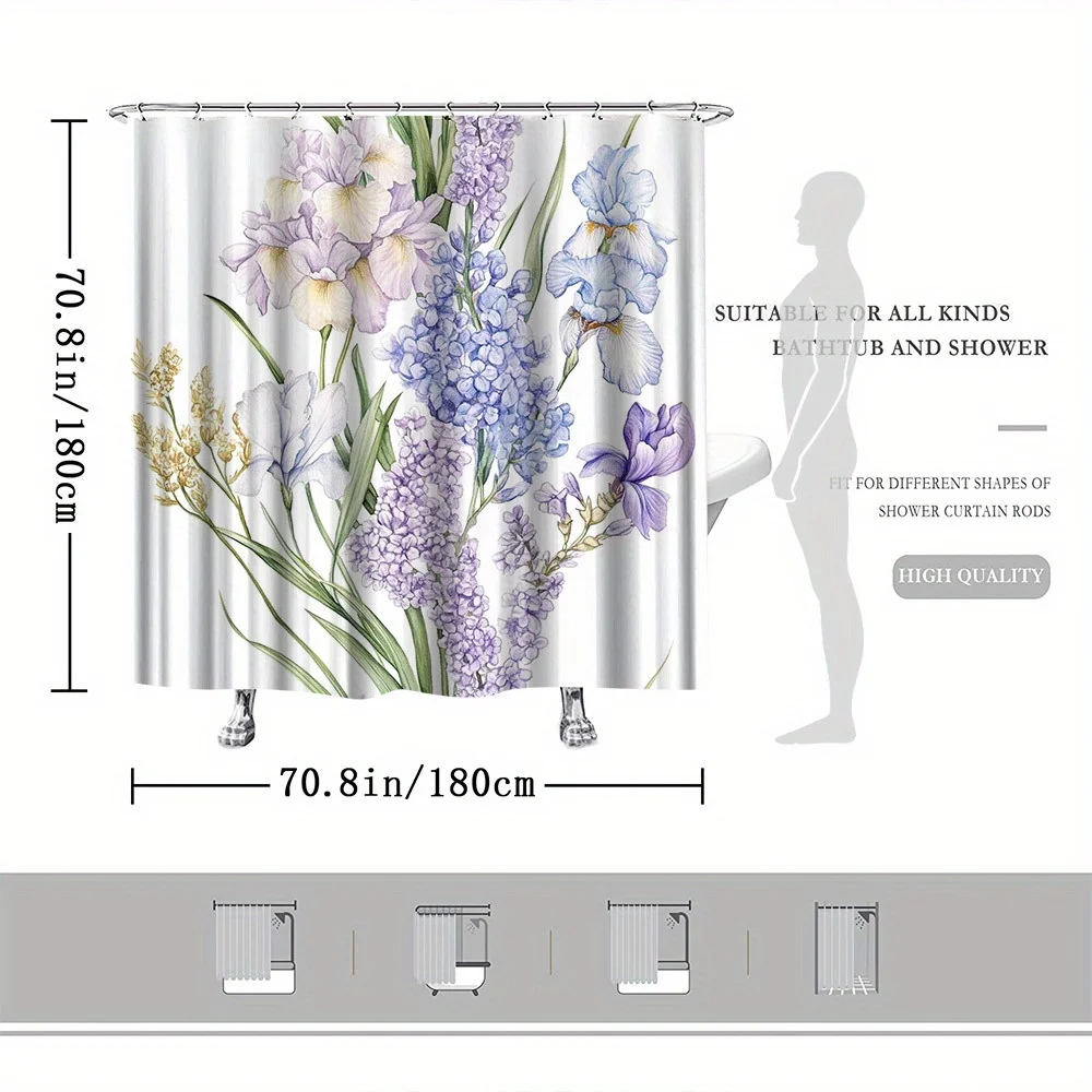 Lavender Iris & Forget-Me-Not Shower Curtain - Pale Lavender Irises, Blue Forget-Me-Nots, White Lilies,  Anti-Fade Polyester