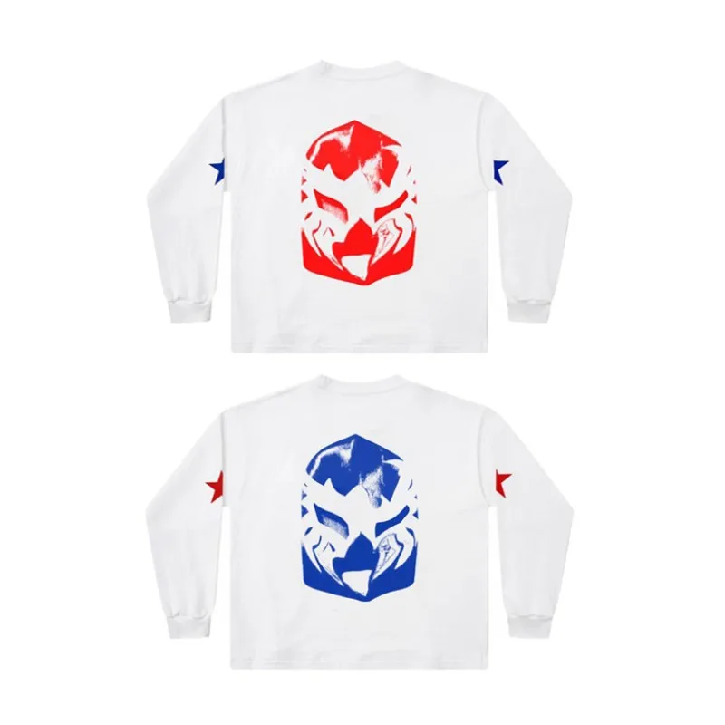 American Streetwear Oversize Kanye Bully Long Sleeve Tshirt Men Women Breathable Cotton Eagle Face Mask Five Star Tops Outfit