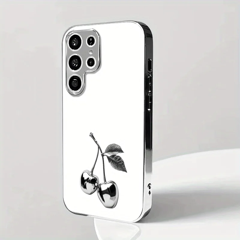 Minimalist cherry-pattern electroplated silver Phone Case for Samsung Galaxy S26 S25 S24 S23 S22 S20 FE/Ultra/Plus drop Cover