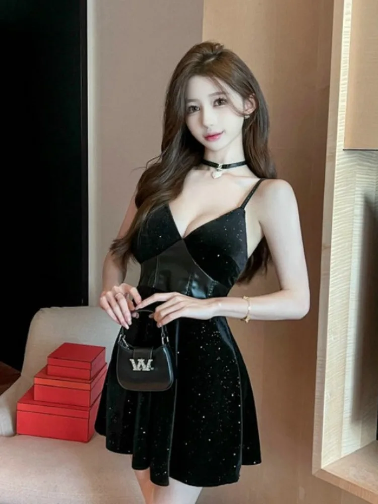 

Sexy Velvet Patchwork Bridesmaid Dr Hepburn Sle High Waist ort A-Line Skirt Svel V-Ne Casual Autumn Winter Dr