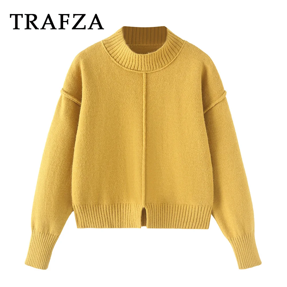 

TRAFZA 2024 Chic 2024 Solid Yellow O Neck Split Women Sweater Casual Loose Fashion Winter Polluvers Warm Streetwear Knitwear