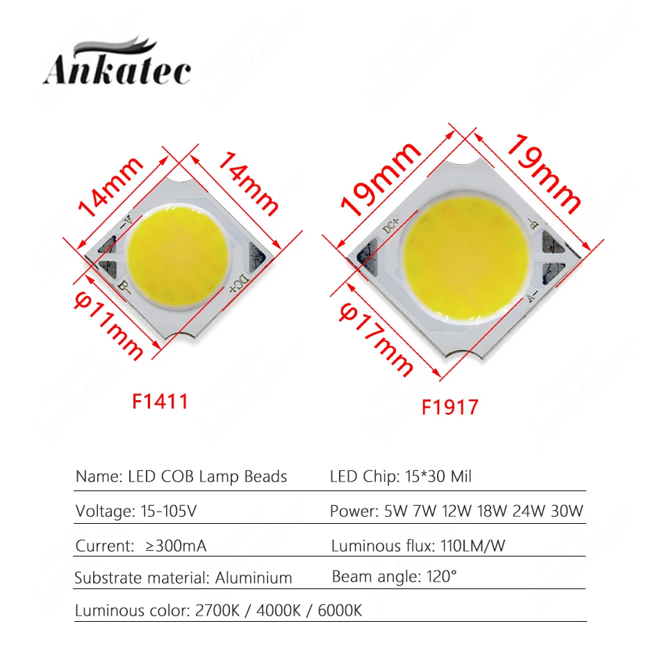 2 색 LED COB 조명 보드, 300mA, 5W, 7W, 12W, 18W, 24W, 30W, DC, 15V-105V, 알루미늄 기판 램프, 19mm, 14mm, CCT, 2700K, 4000K, 5 개 6000K