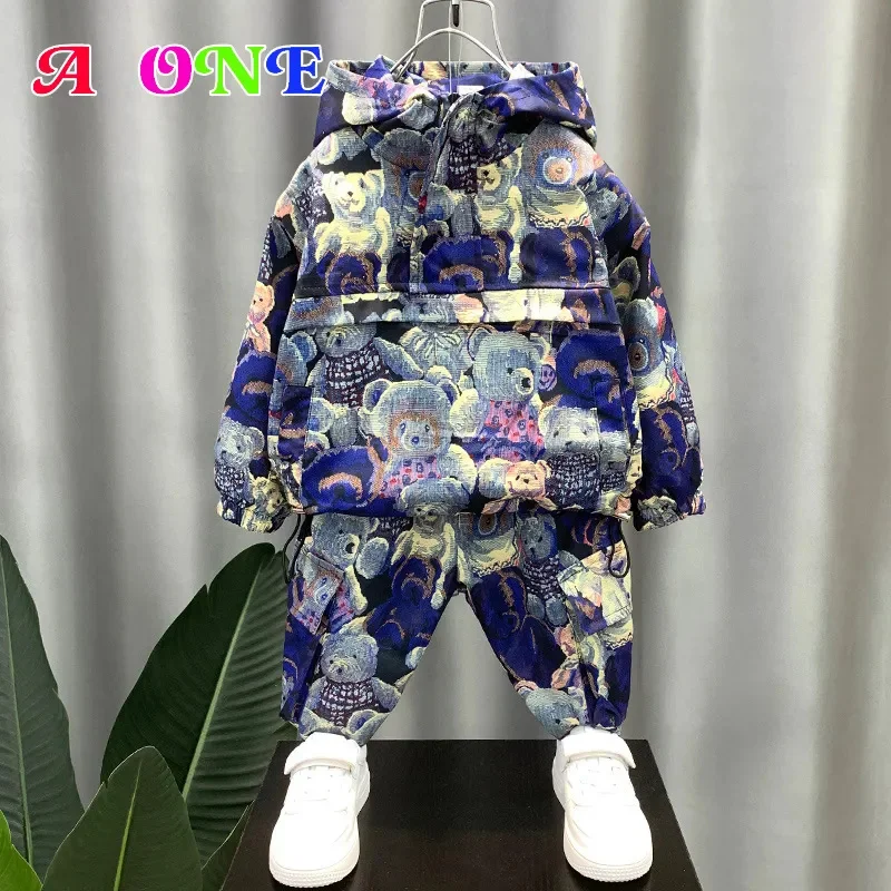 

spring autumn boys set clothes baby suit kids clothing Hoodie + pants 2 pcs fashion print bear 2-12y