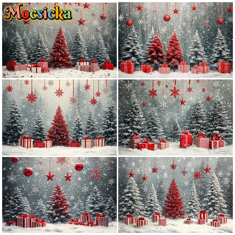 Mocsicka Red Christmas Tree Photography Backdrop Snowy Winter Forest Gift Boxes Star Background Family Holiday Photo Studio Prop