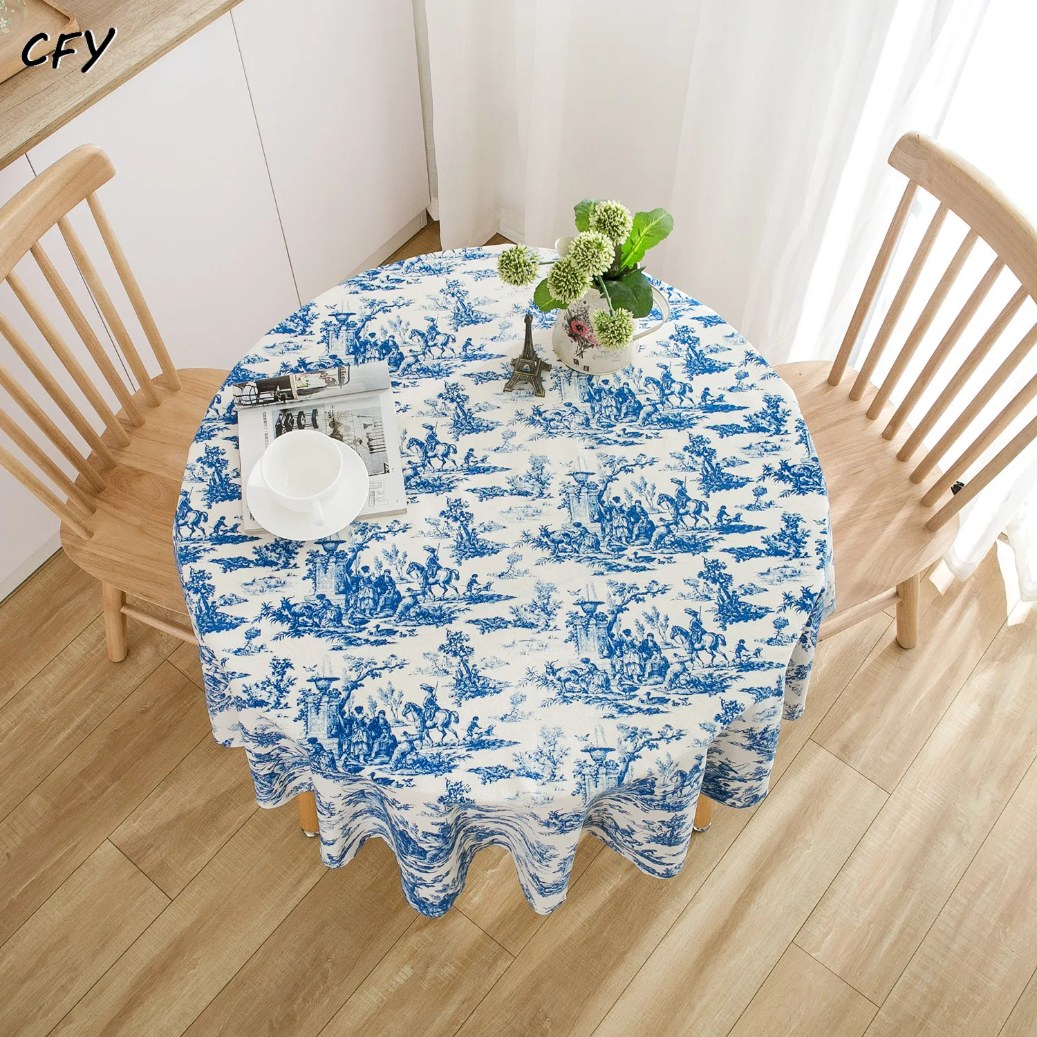 

Cotton Linen American Style Blue Print Round Tablecloth Chicken Dining Table Cover Coffee Table Cloth Round Tablecloth