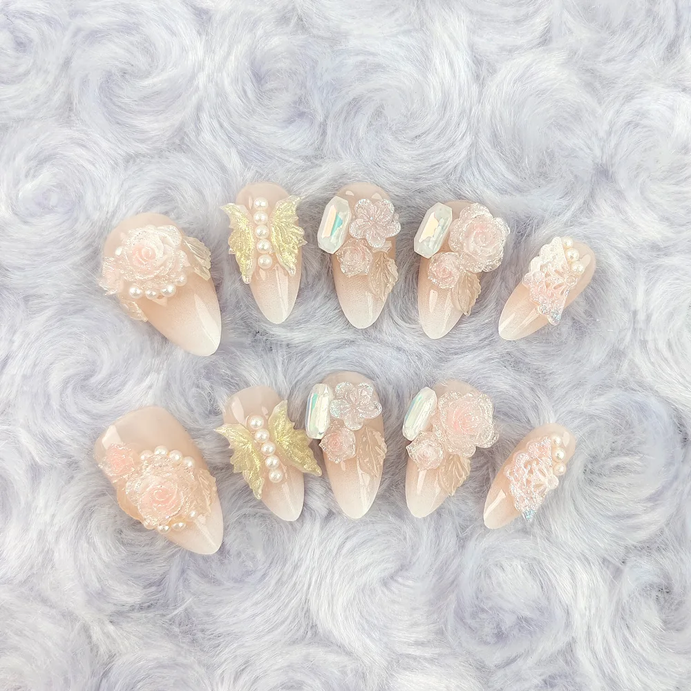 10Pcs 3D Flowers Pearl Butterfly Design Fake Nails Short Almond False Nail Sweet Girl Dreamy Press on Nails Full Cover Nail Tips