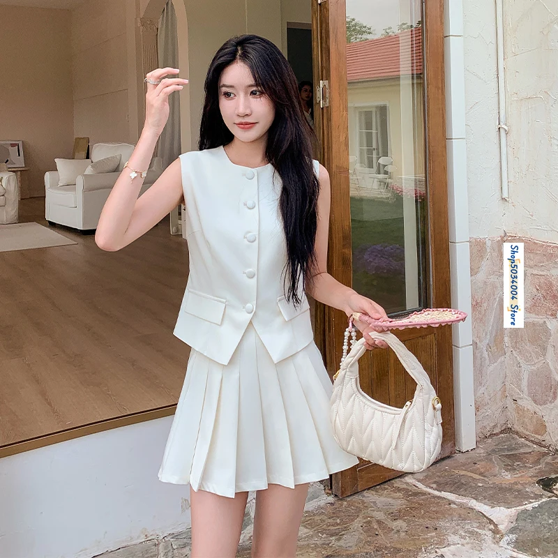 

2024 Summer Sleeveless O-neck Vest Tops Mini Pleated Skirt Twopiece Sets Women Outfits Elegant Sweet Slim Fit Pretty Style 8808