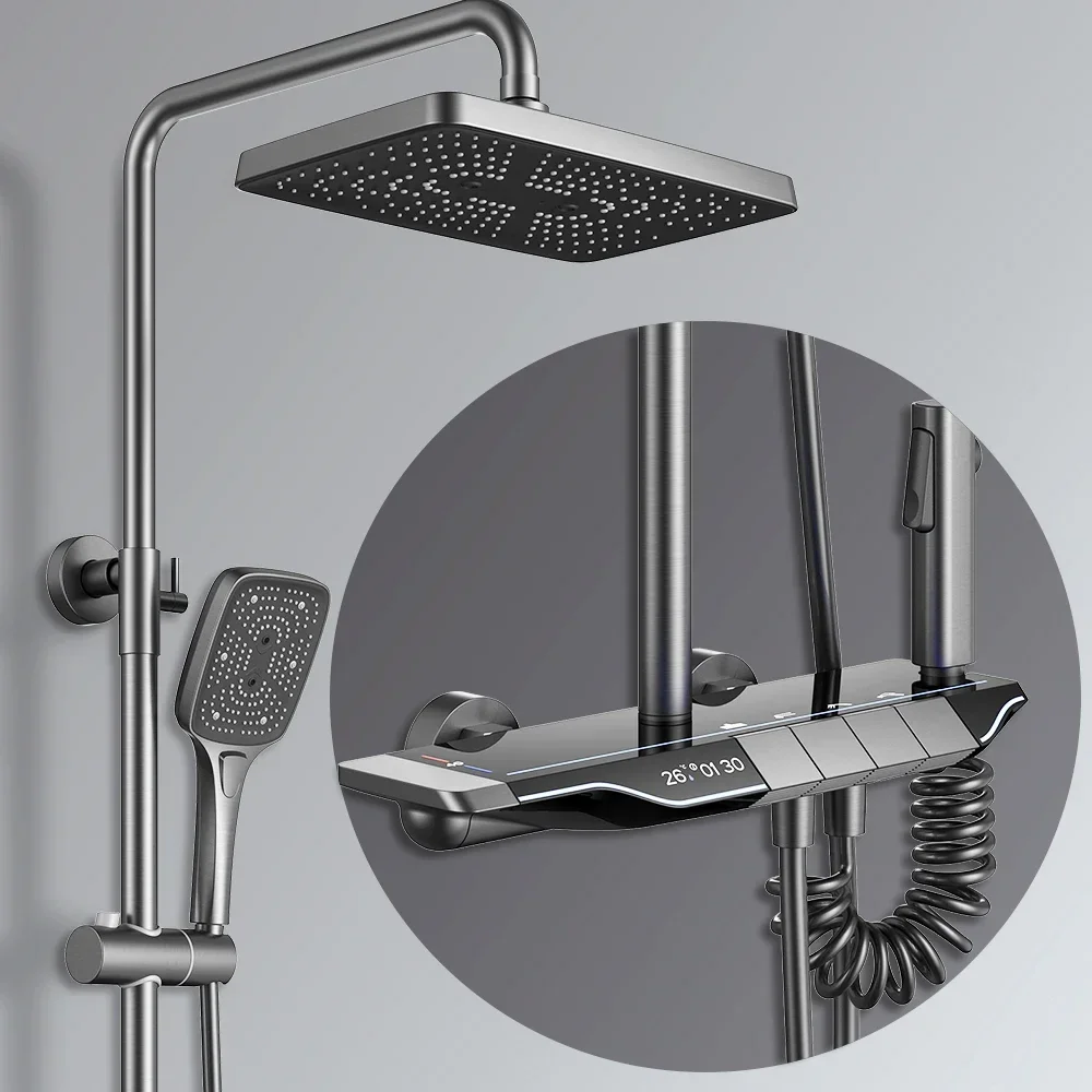 

005 Brass Bathroom Products Shower Sets Gun Grey Digital Display Piano Key Bathroom Mixer Tap With Shower Set Thermostatic