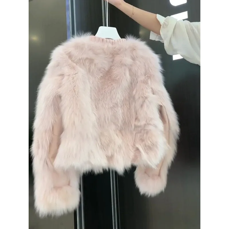 Women Pink  Eco-friendly Faux Fox Fur Short  Tassel Trim Designer  Ageing Jacket  Furry Top Warmth  Luxury Niche Jacket Women