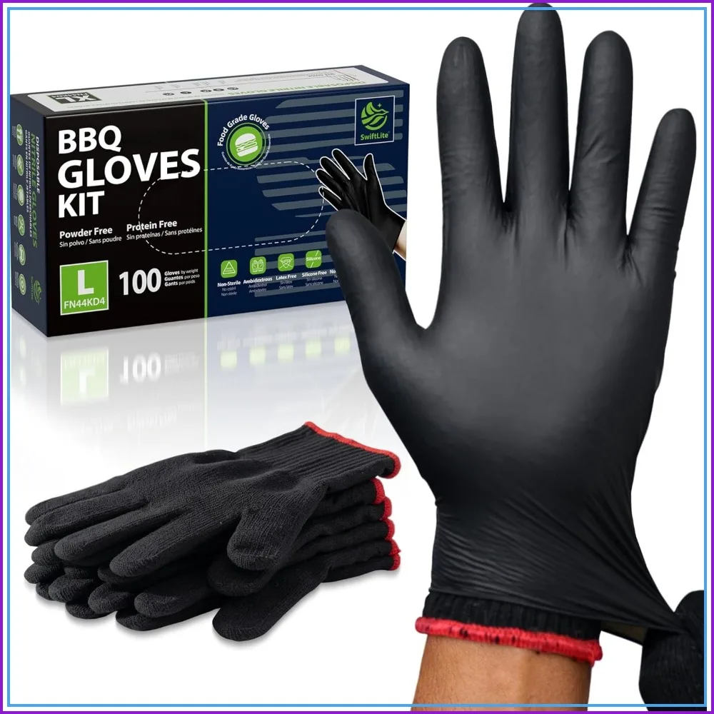 BBQ Gloves, 6 Heat Resistant Cotton Liners + 100 Disposable Nitrile Gloves for Grilling, Cooking, Smoker