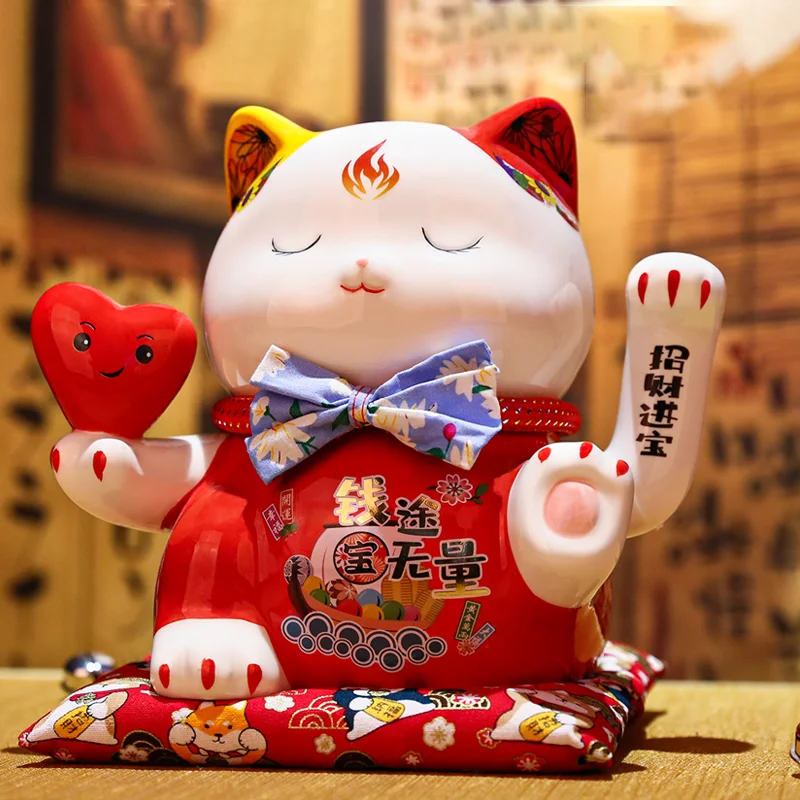 7.5 Inch Ceramic Beckoning Cat Maneki Neko Ornament Swing Lucky Fortune Cat Feng Shui Decoration Centerpiece Business Gift