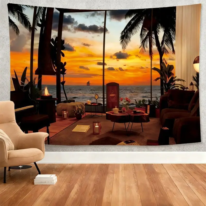Fake Window Sunset Ocean View Tapestry Coastal Town Mountain Red Sky Landscape Print Fabric Wall Hanging for Bedroom Home Decor
