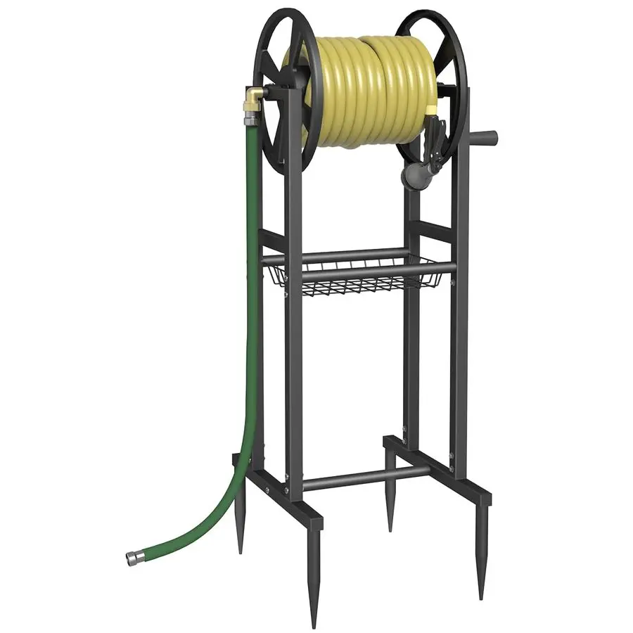 

Ground Mount Garden Hose Reel Holds 125 Feet of 5 8Inch with 3.9 ft Leader Hose, Brass Fitting, Water Hose Holder Stand with Sto