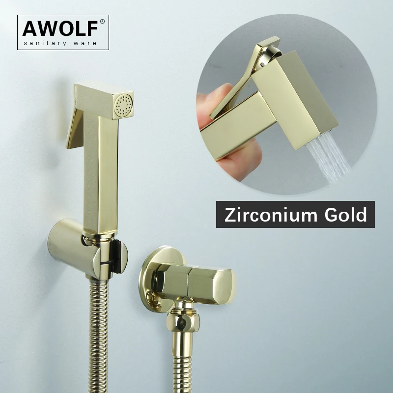 Awolf Toilet Bidet Sprayer Set Shiny Zirconium Gold Douche Kit Solid Brass Bidet Shattaf Square Toilet Washer Shower AP2343