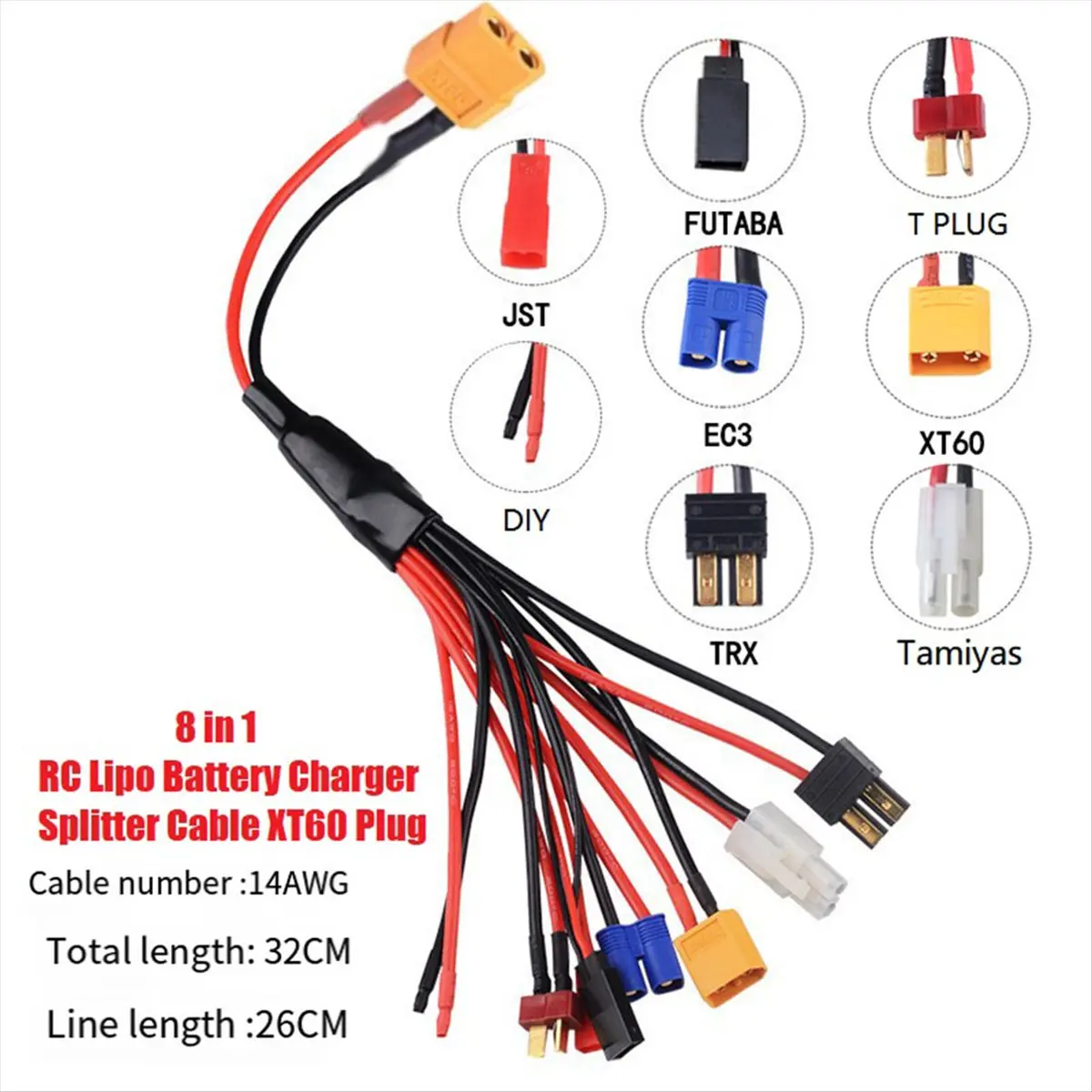 AT42 Eight in One RC Lipo Battery Charger Splitter Cable Adapter Connector Plug to JST T Plug EC3 Futabas Tamiyas