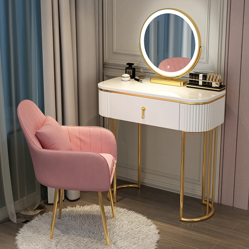 Tocador de lujo minimalista para dormitorio, mesa de maquillaje, taburete de tocador, luz multifunción, lámpara, muebles