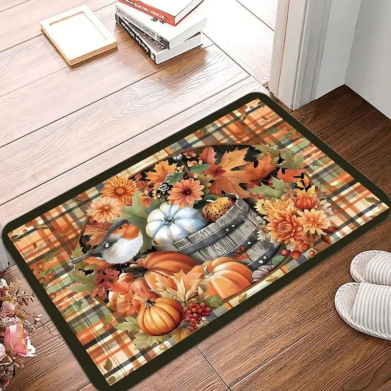 VIKAMA Autumn Pumpkin Maple Leaf Entrance Doormat Non Slip Durable Floor Mat For Entryway Front Door Home Decor