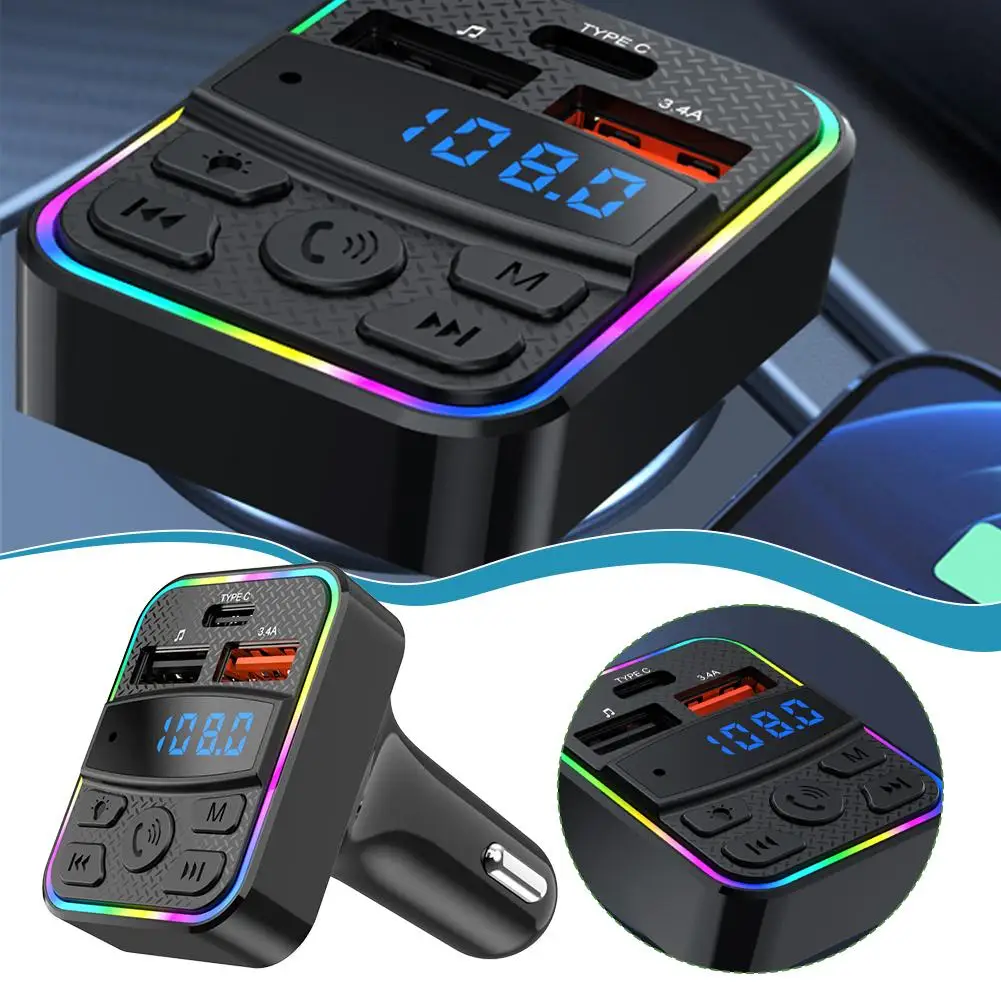 

Bluetooth 5.0 Автомобильный FM-передатчик Type-C Dual USB Ambient Type-C Беспроводное зарядное устройство с подсветкой MP3-плеер с громкой связью W7X4