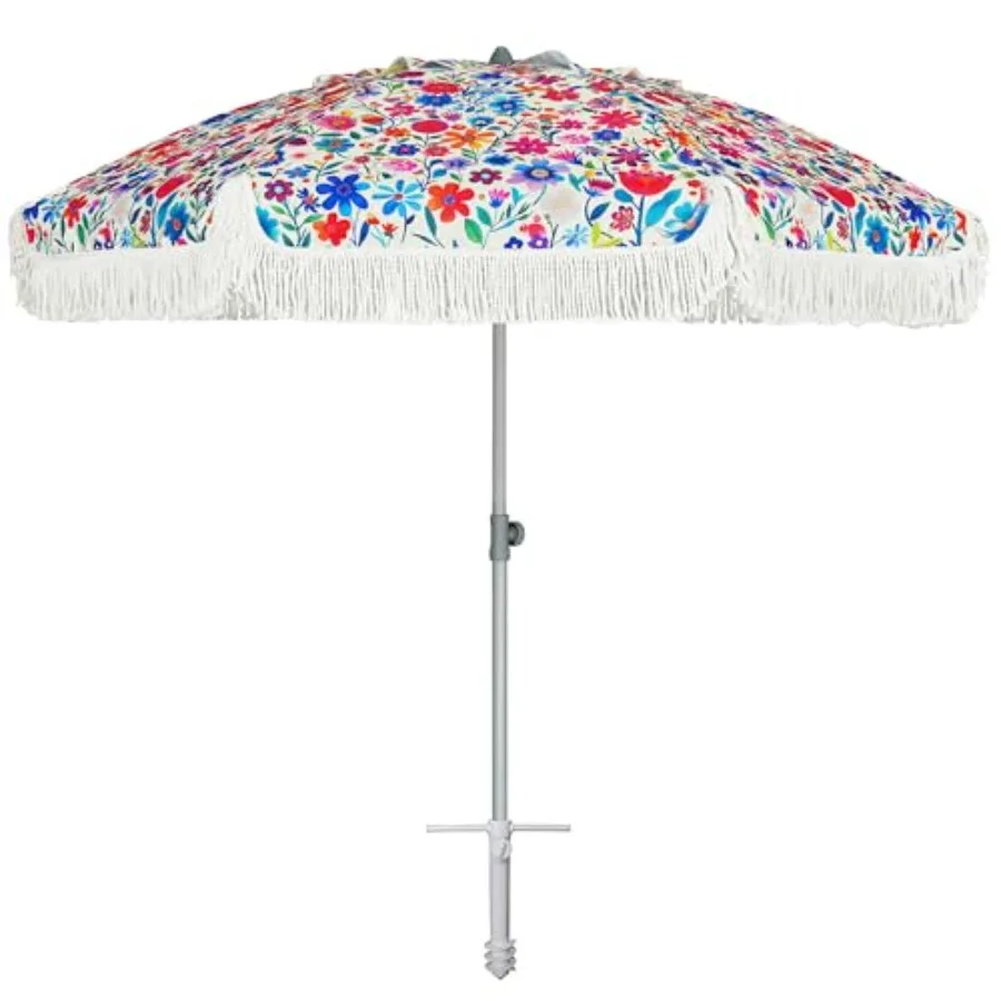 

6.5ft Heavy Duty HIGH Wind fringe Beach Umbrella with sand anchor, Fringe Umbrella Outdoor Patio Tilt Sun Shelter, UPF 50+ Wind