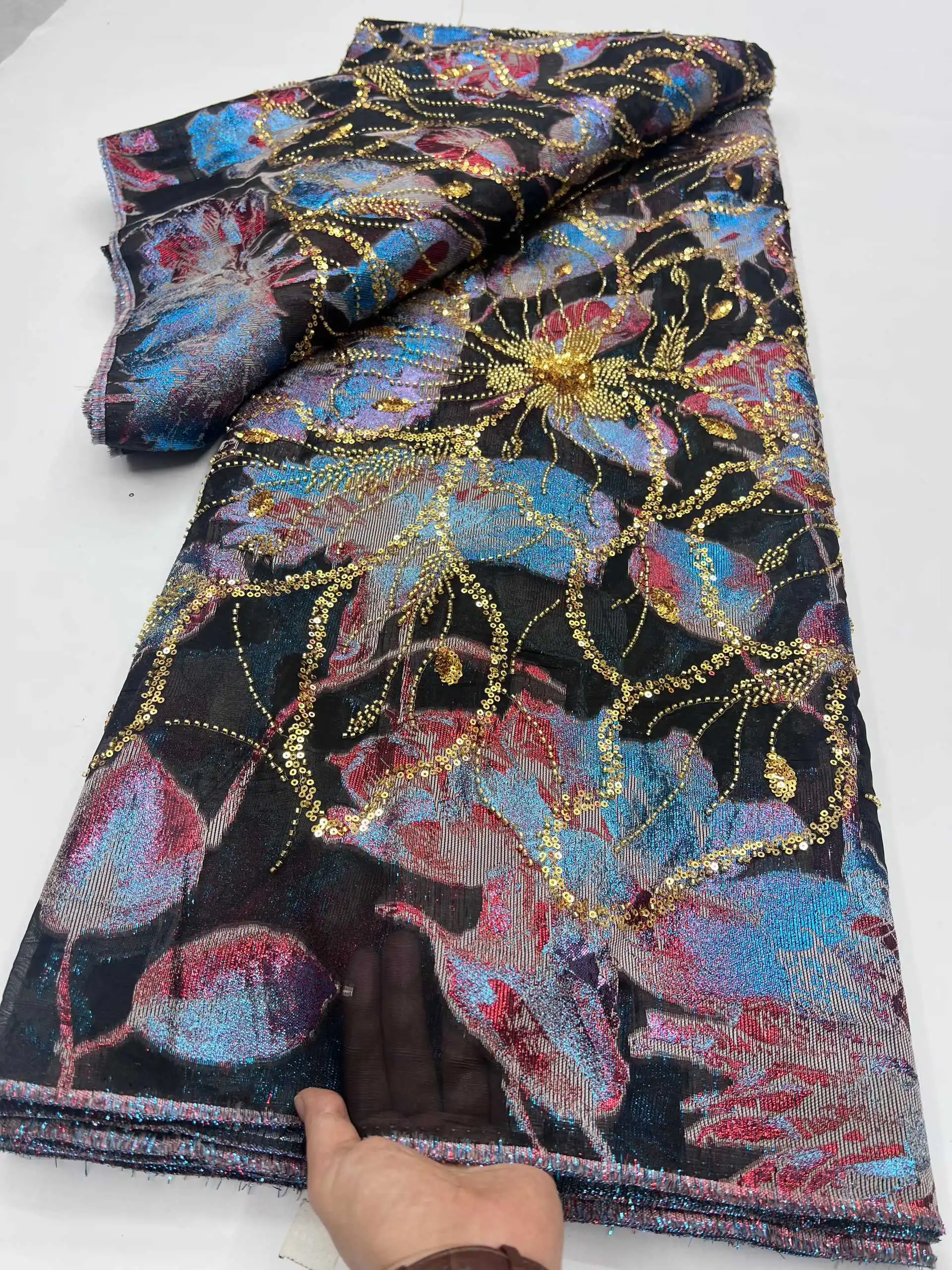 

Новейшая африканская парчовая кружевная ткань, нигерийская жаккардовая кружевная ткань с бисером, роскошное шитье для женщин, свадебные платья, 5 ярдов