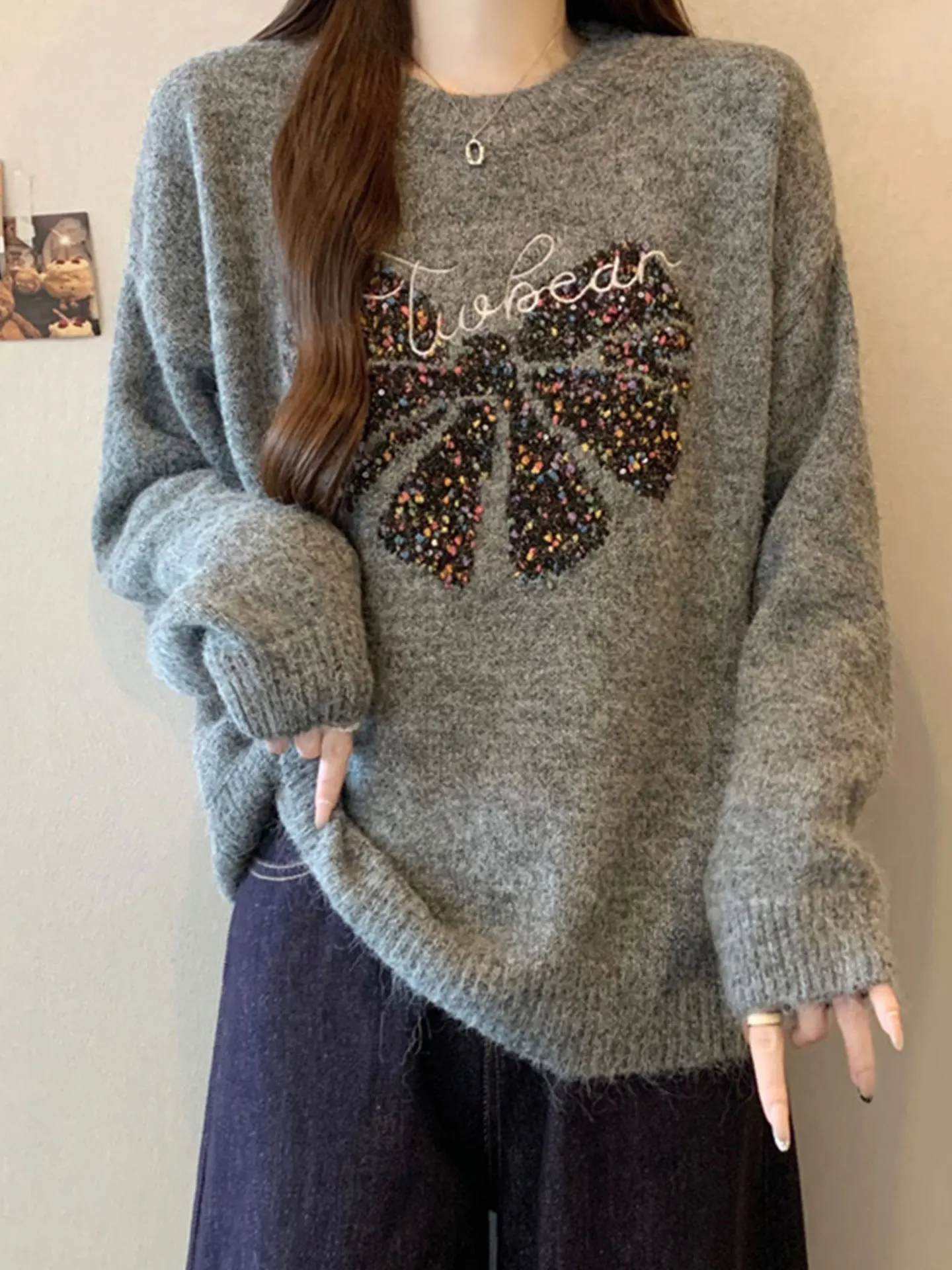 

Мягкий уютный вязаный свитер для женщин, осенне-зимний, больших размеров, модный, в университетском стиле, теплый, с длинными рукавами