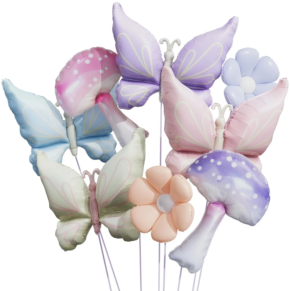 6/8-teiliges Schmetterling-Pilz-Ballon-Set Lila Rosa Gänseblümchen Folienballon Frühlings-Thema Geburtstag Hochzeit Party Deko Baby-Shower-Zubehör – Detail 3