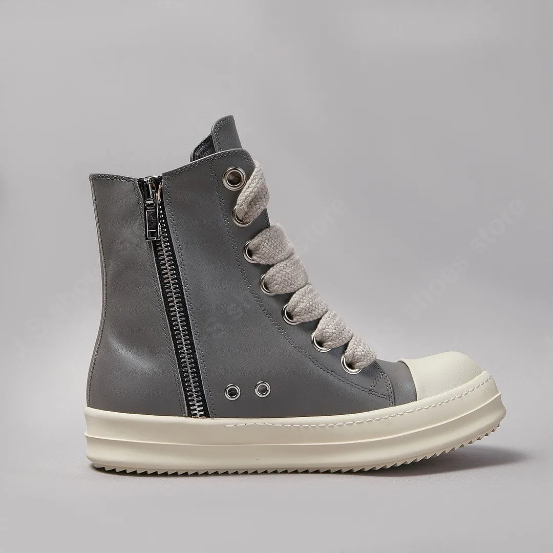 Ricks Shoes Men Gray Leather Shoes Women High Top Shoes Owens Sneaker Jumbo Laces Luxury Casual Shoes Rubber Soled Cowhide Shoe