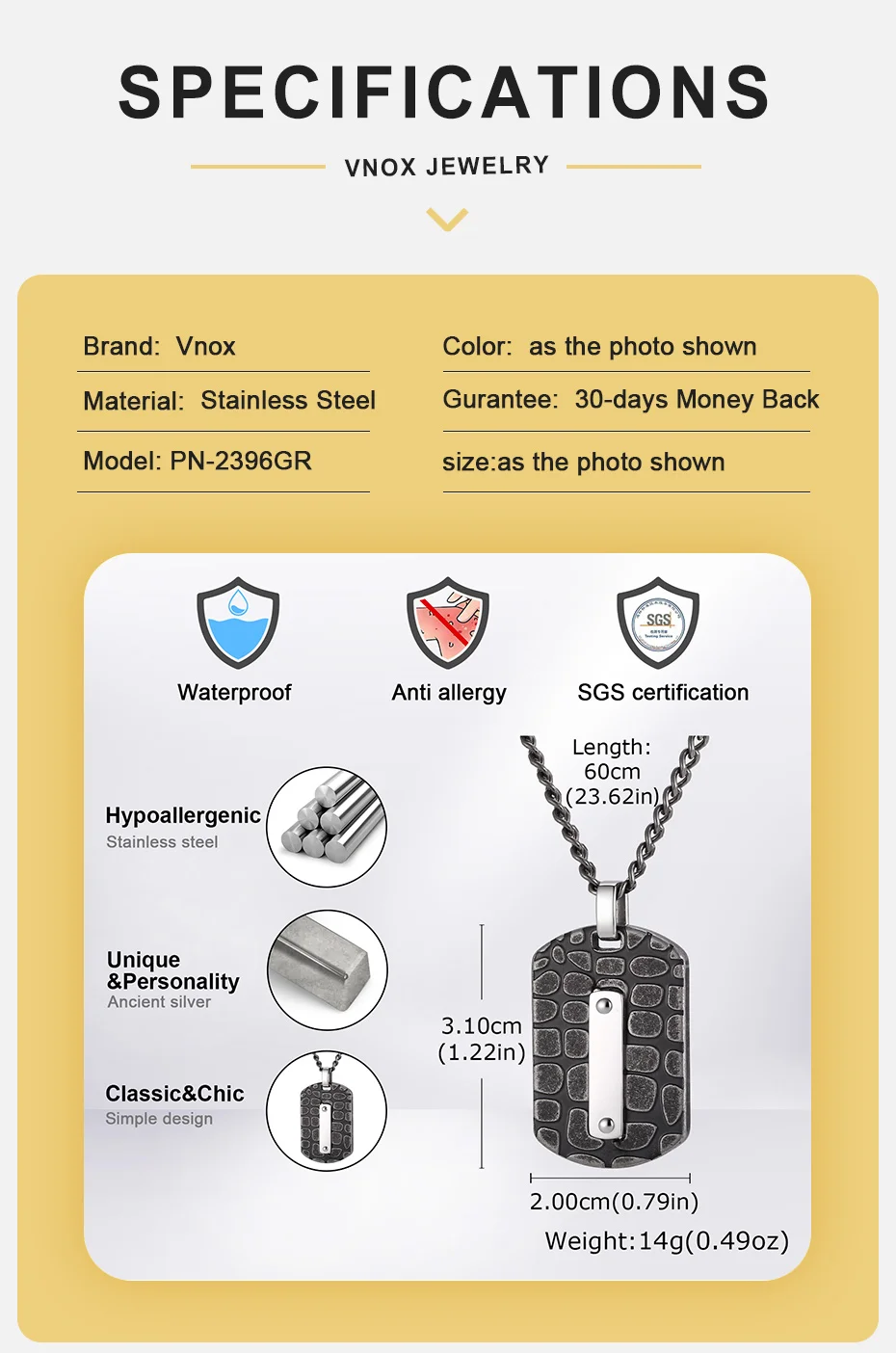 Vnox Geometrische Hundemarken-Halskette für Männer, Retro-Texturierter Anhänger aus Edelstahl mit Kubanischer Kette, Hip-Hop Casual Party Schmuck Geschenk – Detail 4