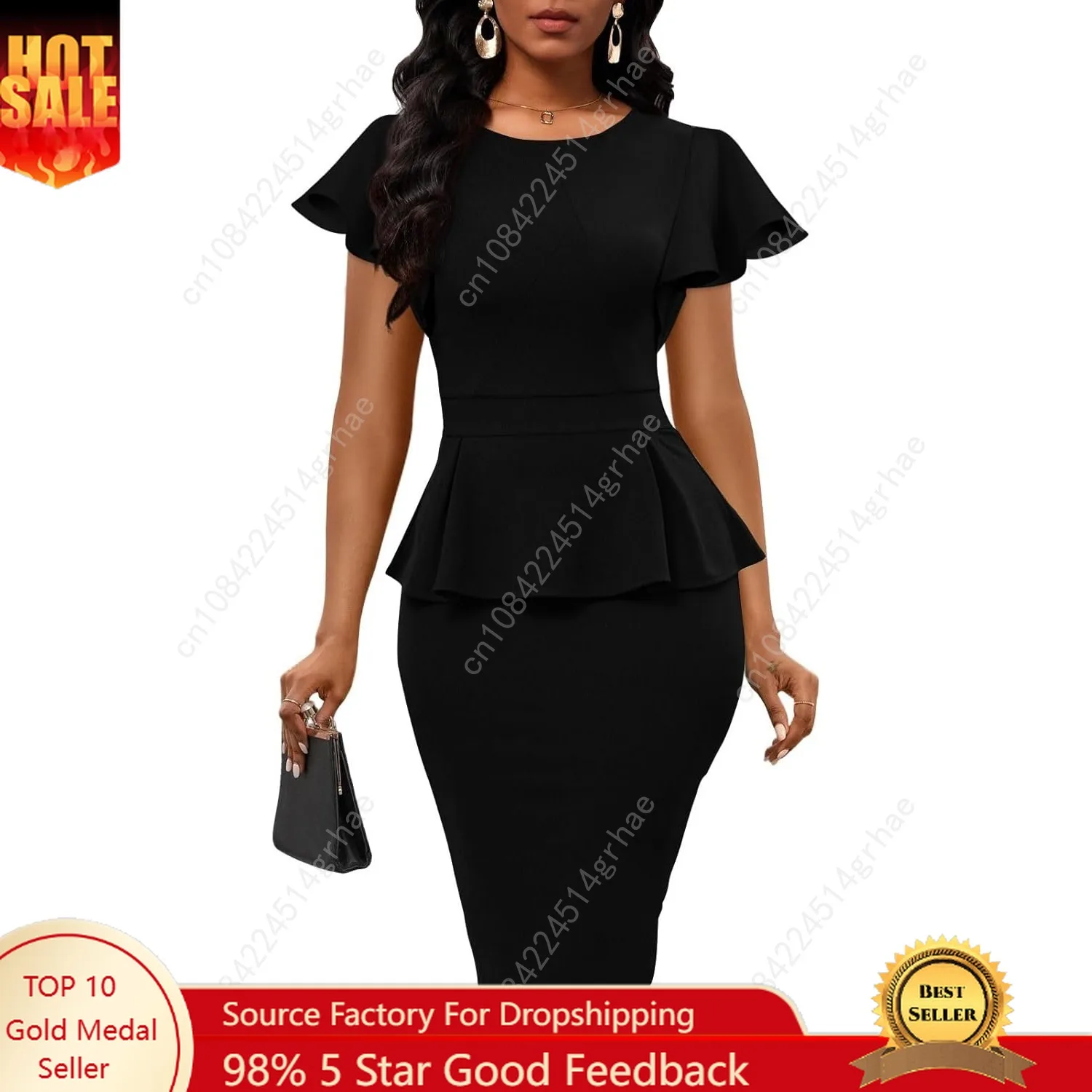 

Women's Basic Ruffle Short Sleeve Peplum Bodycon Work Midi Pencil Dress