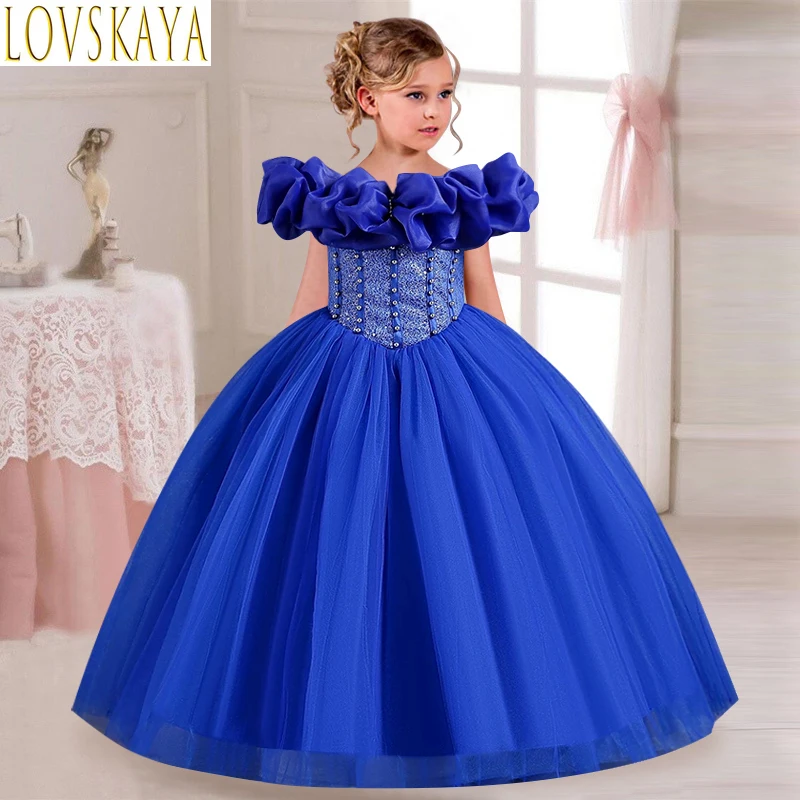 Children's sequin fluffy sleeve princess dress for boys and girls aged 5-14, pearl bow fluffy mesh dress, banquet host costume