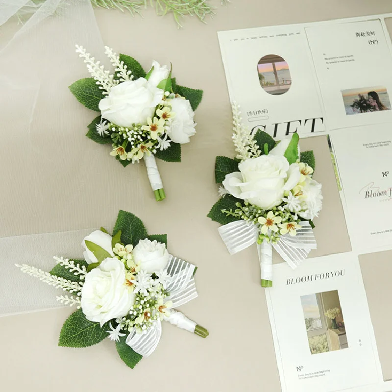 Boutonniere และข้อมือ corsag กุหลาบงานแต่งงานหัวดอกไม้พวงหรีดเจ้าสาวเพื่อนเจ้าสาว418ขาว