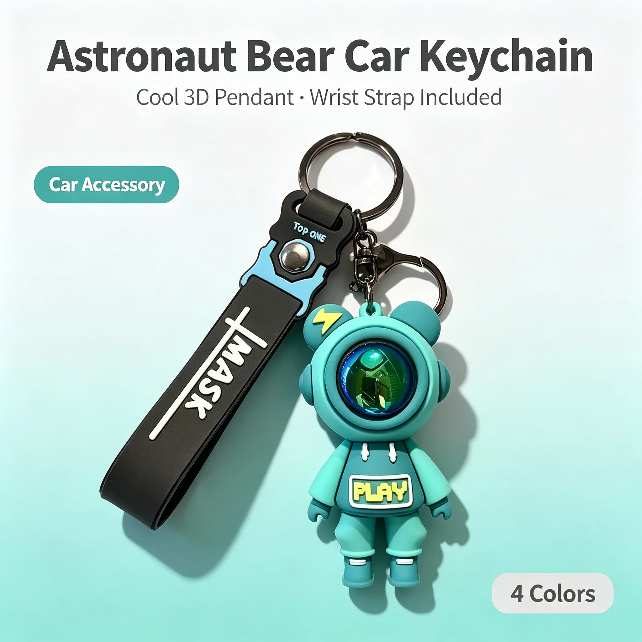 Astronaut Bear Car Keychain 3D Cute Cartoon Spaceman Key Ring Wrist Strap Holographic Visor Anti-lost Bag Charm Car Pendant Gift