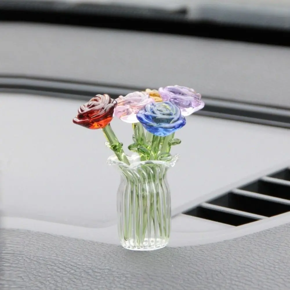 Mini Glass Flower Decor Colored Glaze Simulation Floral Handcrafted Floral Sculpture Glass Flower Bouquet Home Room Decoration
