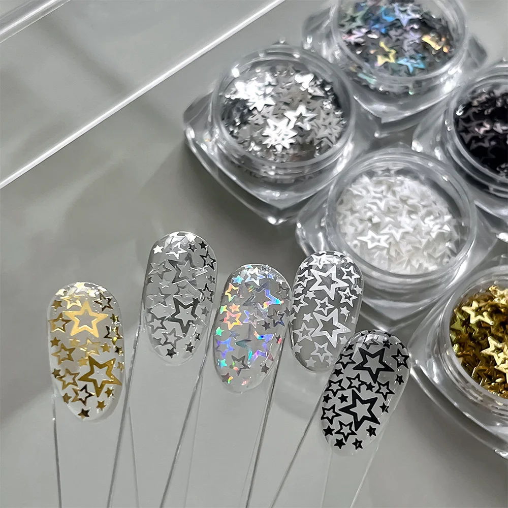 1 JAR Hollow Five-pointed Star Nail Glitter Sequins Black Gold Silver Iridescent Star Confetti Nail Flakes Pentagram Nail Decor
