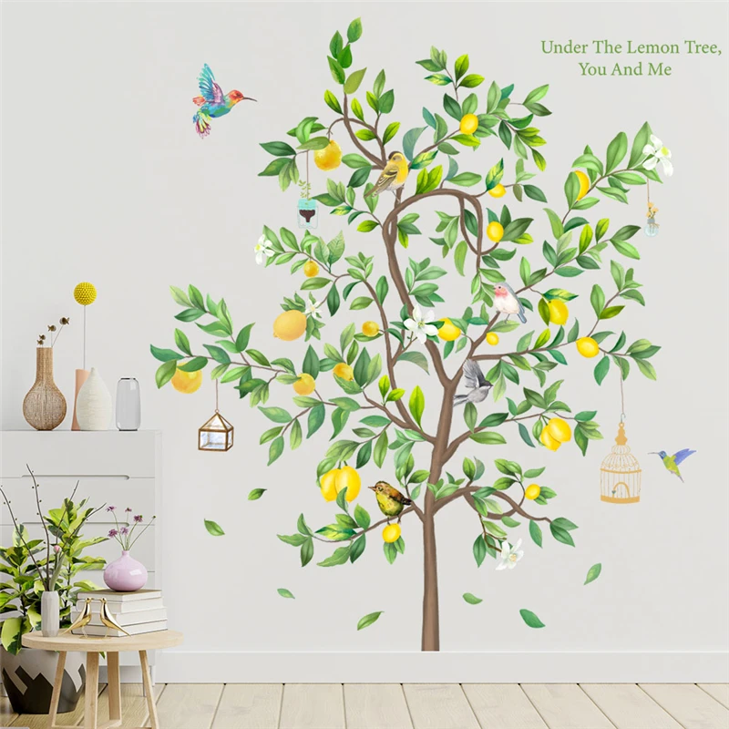 Lemon Tree Bird Cage Wall Stickers For Store Office Studio Home Decoration Diy Plants Mural Art Pvc Decals Pastoral Large Poster