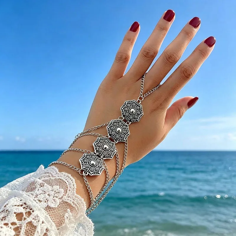 Algerian Moroccan Finger Connected Hand Chain Bohemian Palm Bracelet Vintage Ethnic Hand Jewelry Women Wedding Party Daily Wear