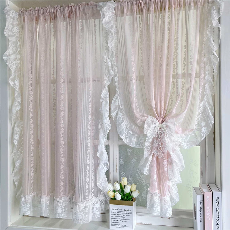 Korean Romantic Pink Striped Flower Lace Sheer Curtain with White Ruffled Lace Rod Pocket For Living Room Bedroom Kitchen