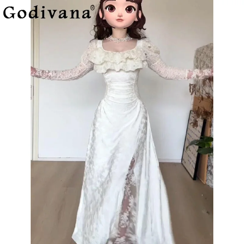 

Sexy Lace French Square Collar Evening Party Dress Spring Autumn Girls High Waist Age Reduction A-line Elegant Fairy Dresses
