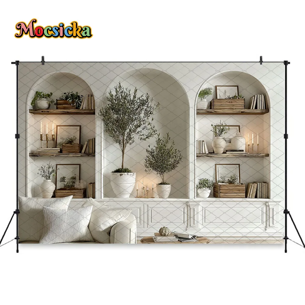 Mocsicka Photography Background Rustic Arch Shelf Boho Home Library Backdrop Family Portrait Mother's Day Photoshoot Studio view 4