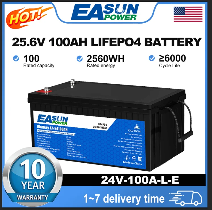Easun Power Lifepo4 Battery 24V 100Ah Grade A 25.6V Cell Parallel and Customizable BMS+2000 Cycle Life America Stock For Home Storage