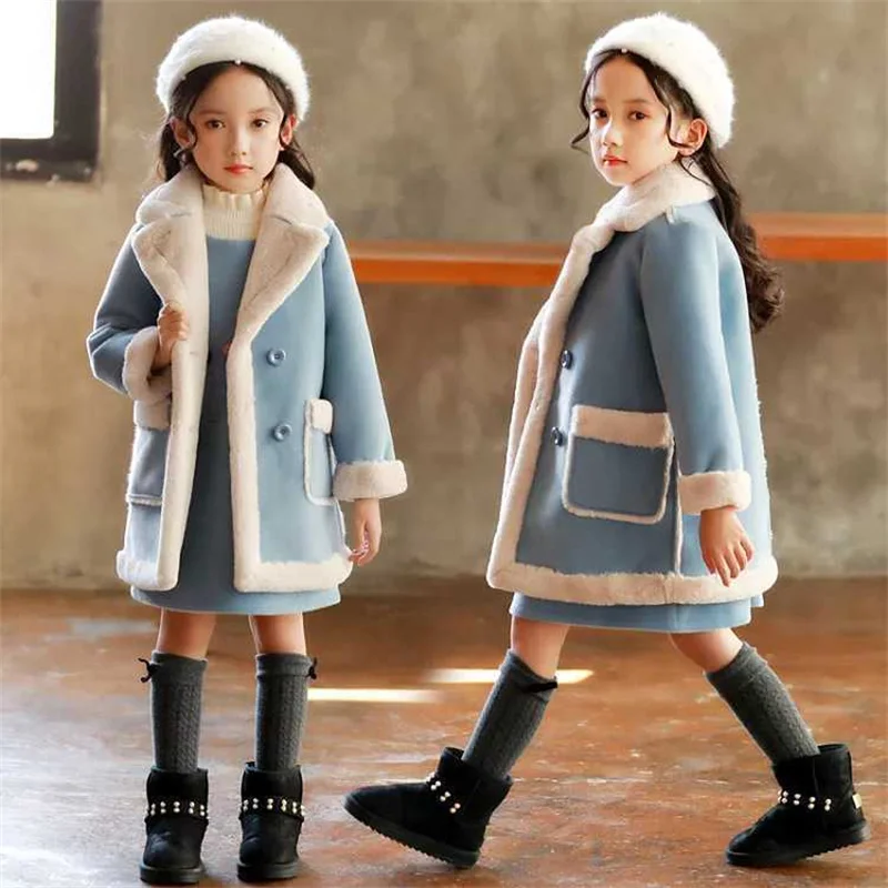 

Girls' Wool Jackets New Children Thickened Tweed Coats Kids Plush Velvet Winter Outerwear New Teenager Turn-down Clothing 4-12Y