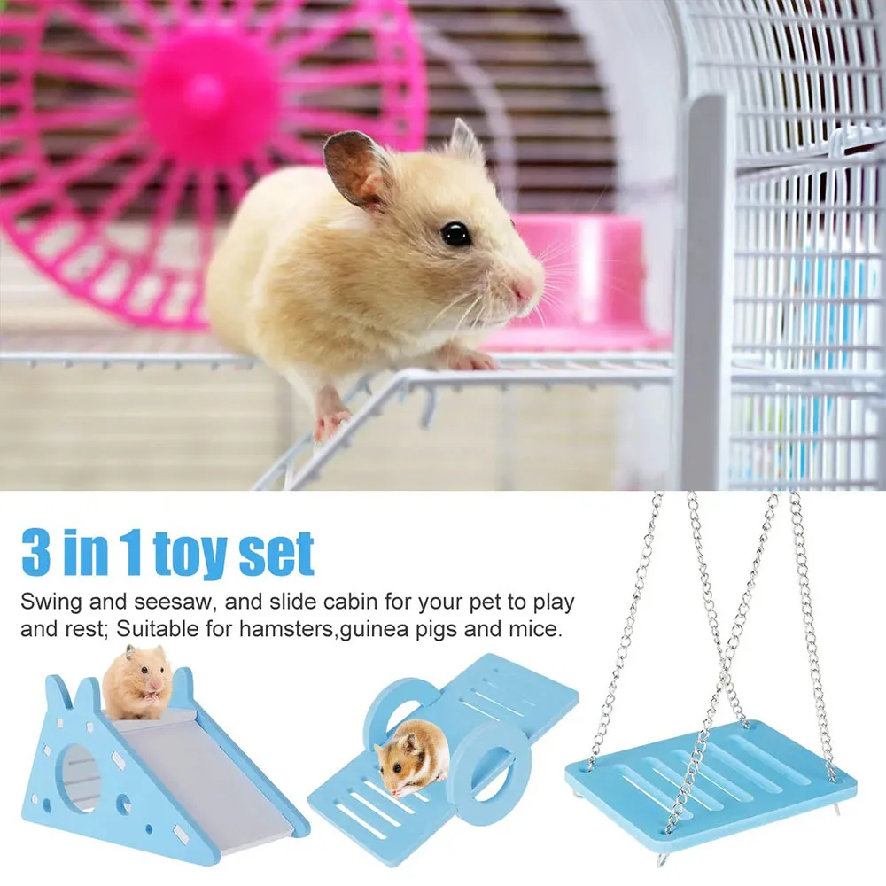 3Pcs Hamster Play Toy Blue Seesaw Ladder Parrot Small Swing Hanging Chain Easy Assembly Hamster Toy Set Hamster Cage Accessories