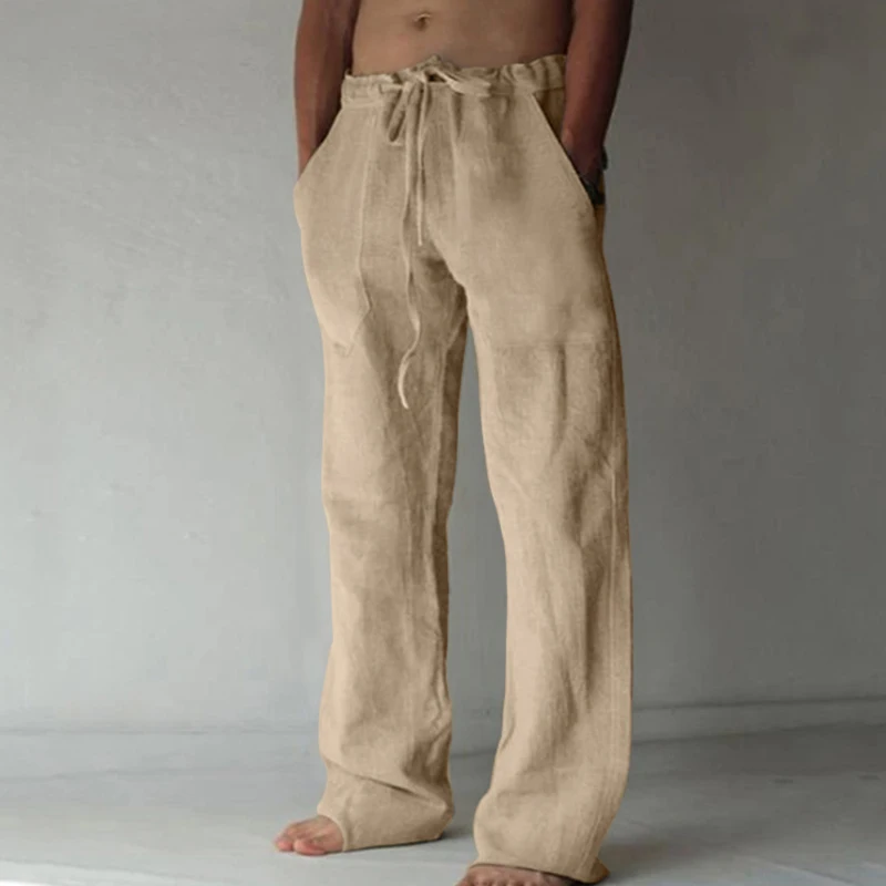 Men Casual Pants Classic Thin Linen Trousers Summer Fashion Baggy Straight Pant Drawstring Elasticated Waist Solid Color