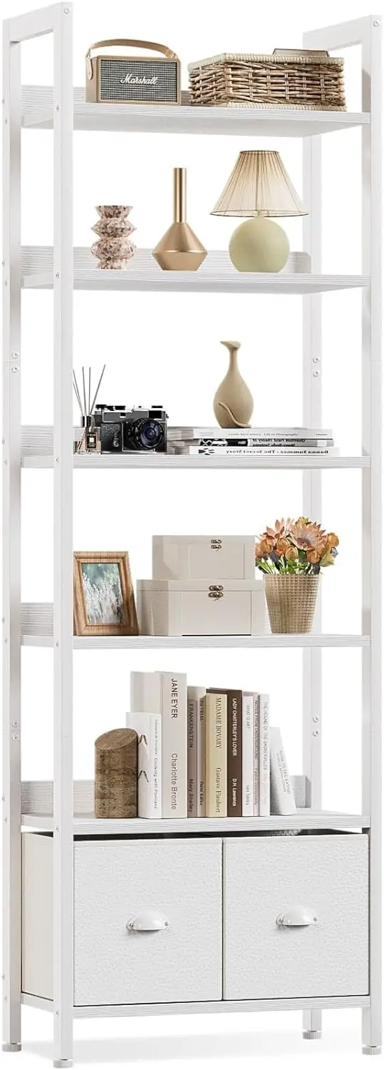 White 6 Tier Bookshelf with Drawers, Tall 71