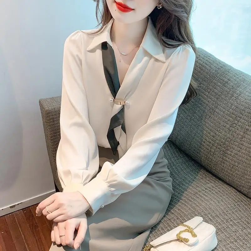 Early Autumn Office Lady Chiffon Shirt for Women 2023 Strap V-neck All-match Solid Color Long Sleeve Embroidered Flares Blouse