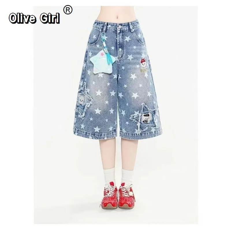 Olivegirl Cute Denim Shorts Women's Pants Wide Leg Summer Star Sticker Printed Casual Straight Leg Pants Cropped Trousers